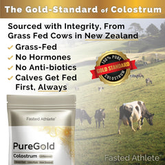 Fasted Athlete PureGold powder is being poured to reveal a smooth, unflavored texture.