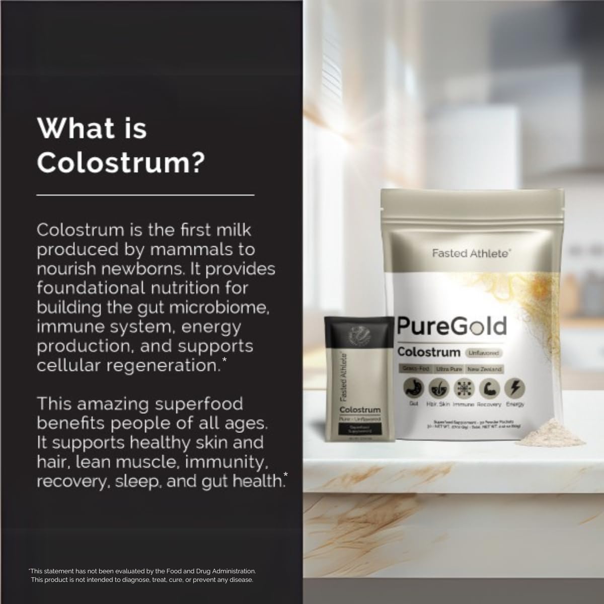 Fasted Athlete PureGold travel packets enable on-the-go colostrum use.