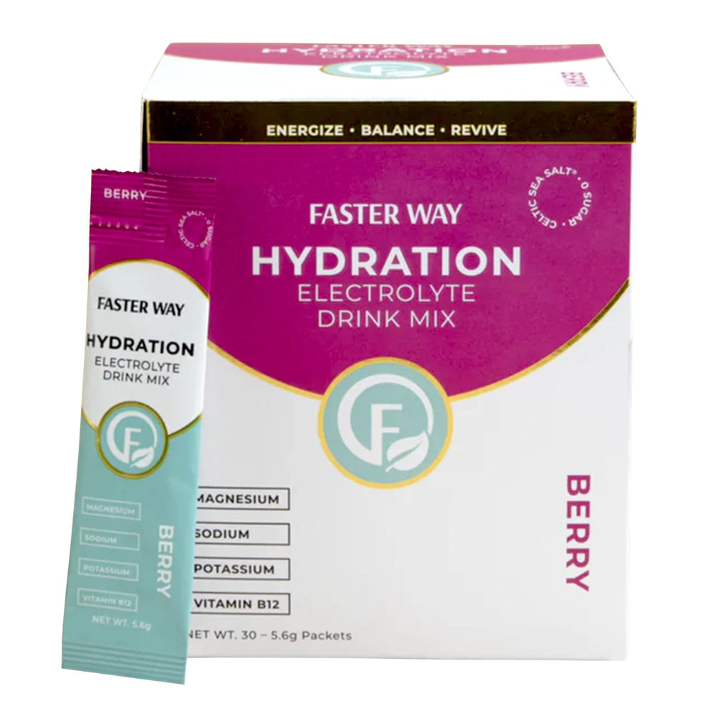 Faster Way Berry electrolyte packets on counter for quick hydration