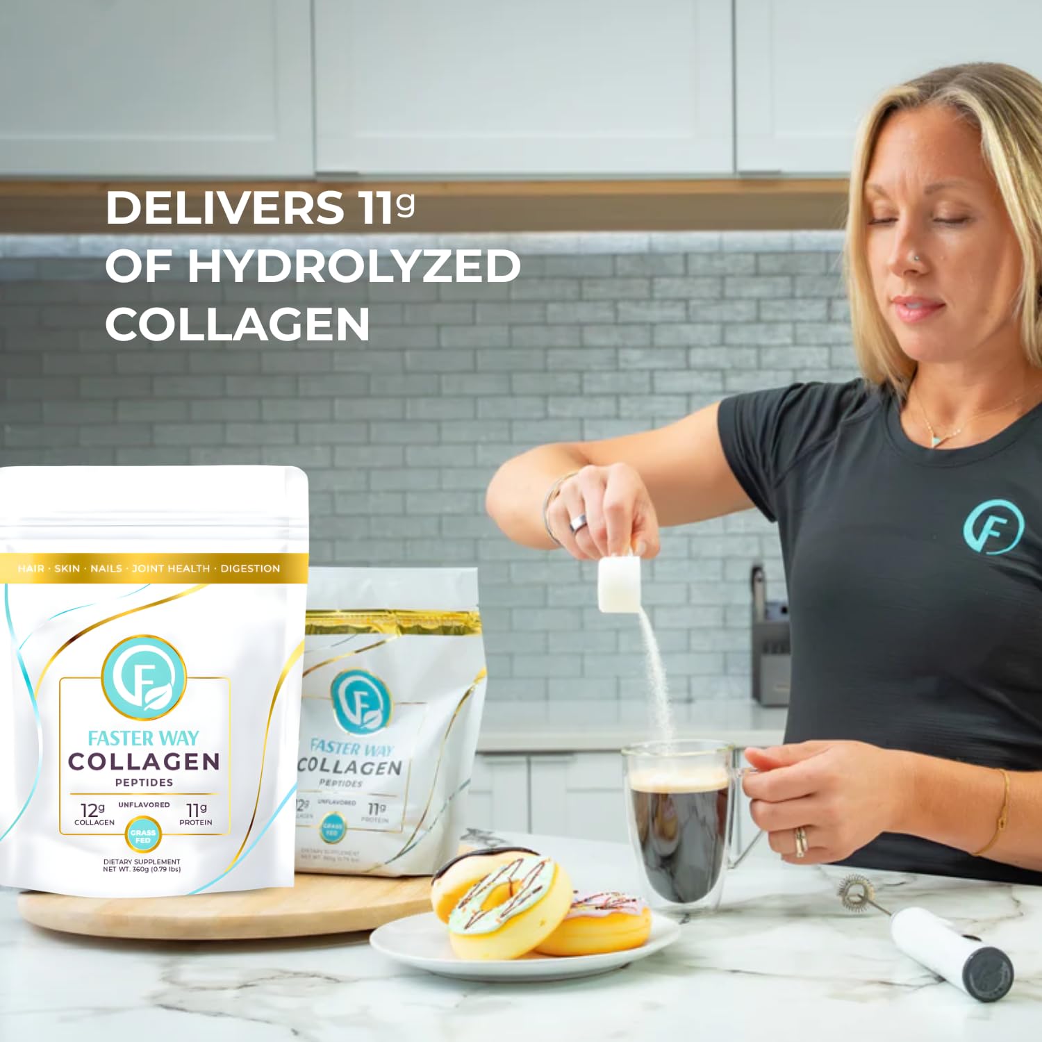 FASTer Way Collagen Peptides hair nails skin image suggests improvements in hair, nails, and skin