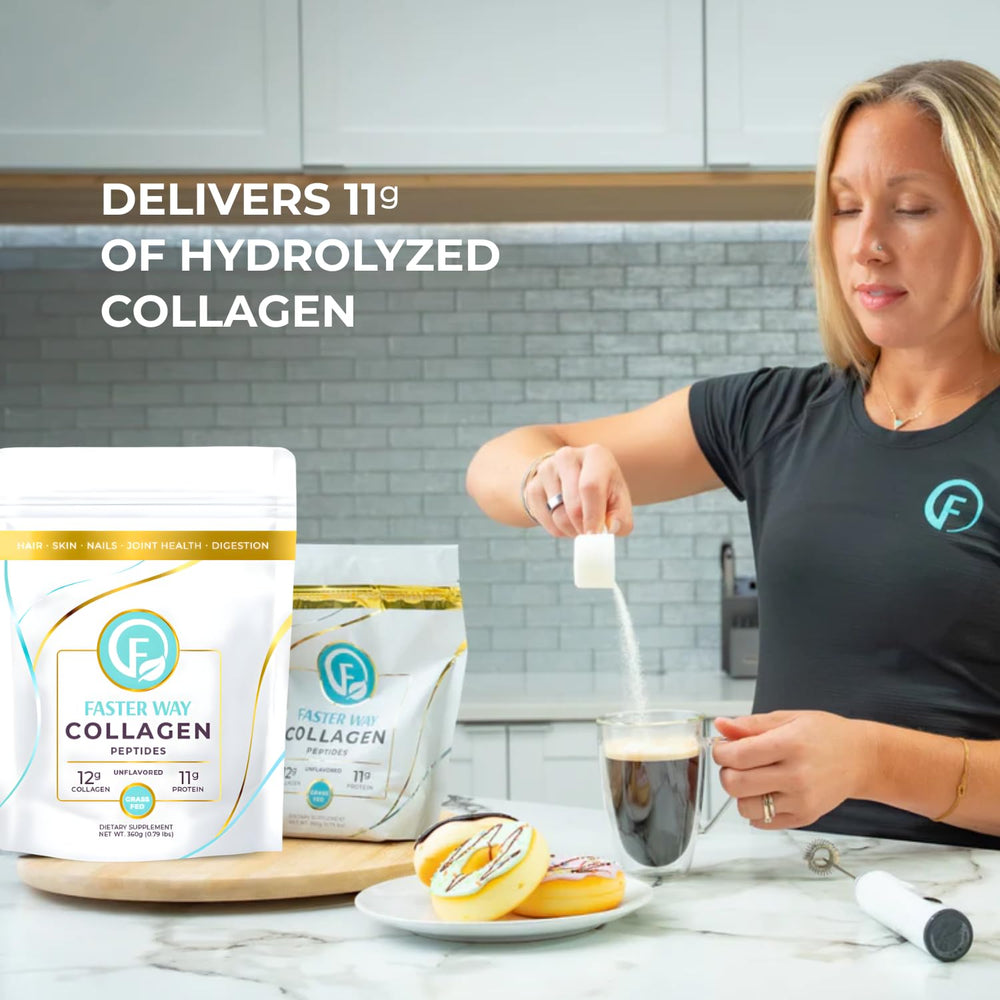 FASTer Way Collagen Peptides hair nails skin image suggests improvements in hair, nails, and skin
