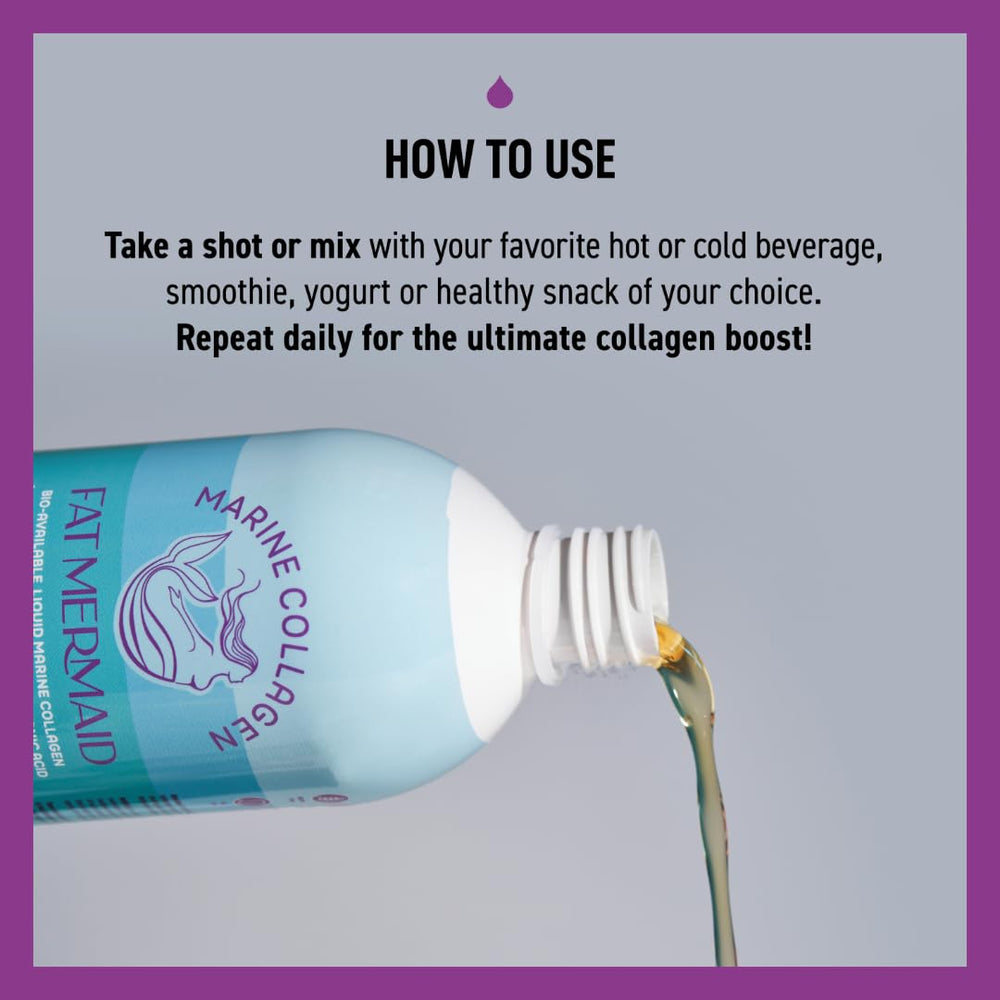 Fat Mermaid measuring cup with liquid collagen for precise daily dosing.