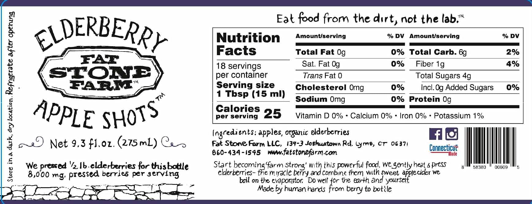 Fat Stone Farm Elderberry Apple Shots ingredients display with organic elderberries and apples