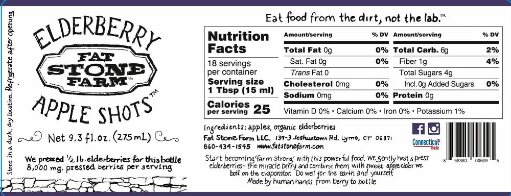 Fat Stone Farm Elderberry Apple Shots ingredients display with organic elderberries and apples