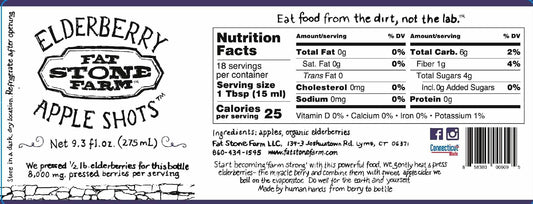 Fat Stone Farm Elderberry Apple Shots ingredients display with organic elderberries and apples