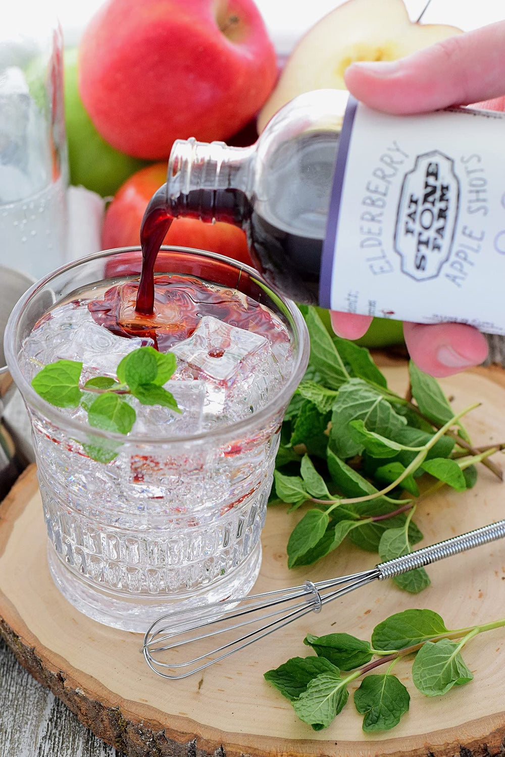 Serving idea: Fat Stone Farm Elderberry Apple Shots with sparkling water