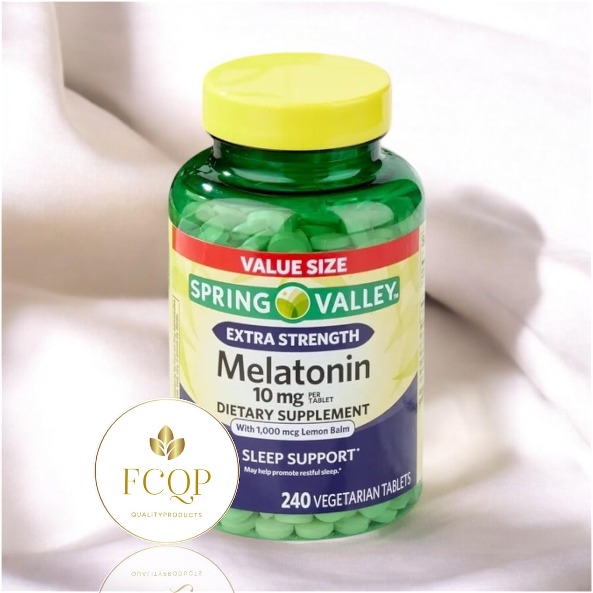 FCQP Spring Valley melatonin label closeup with 10 mg and lemon balm