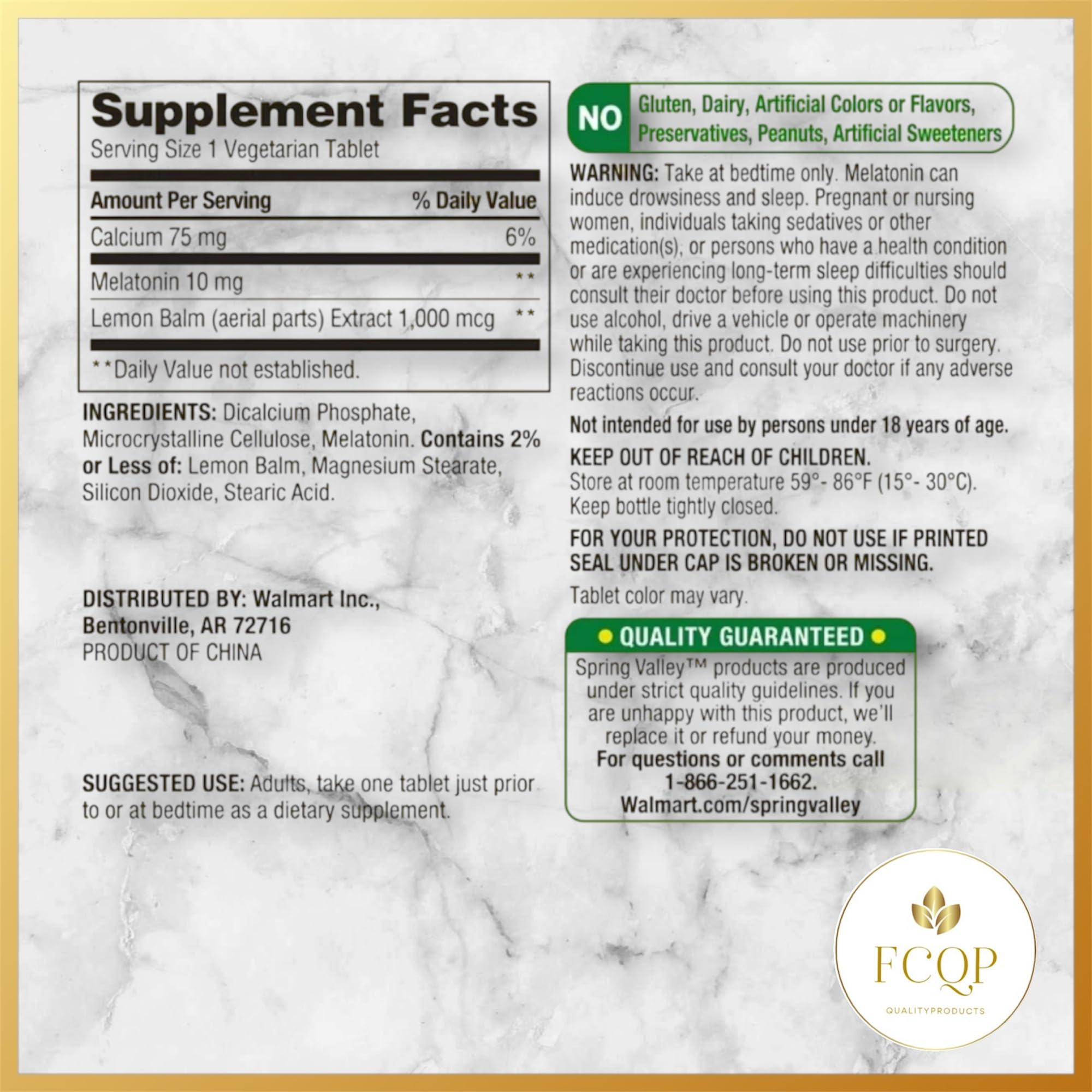 FCQP melatonin tablet closeup showing 10 mg dose