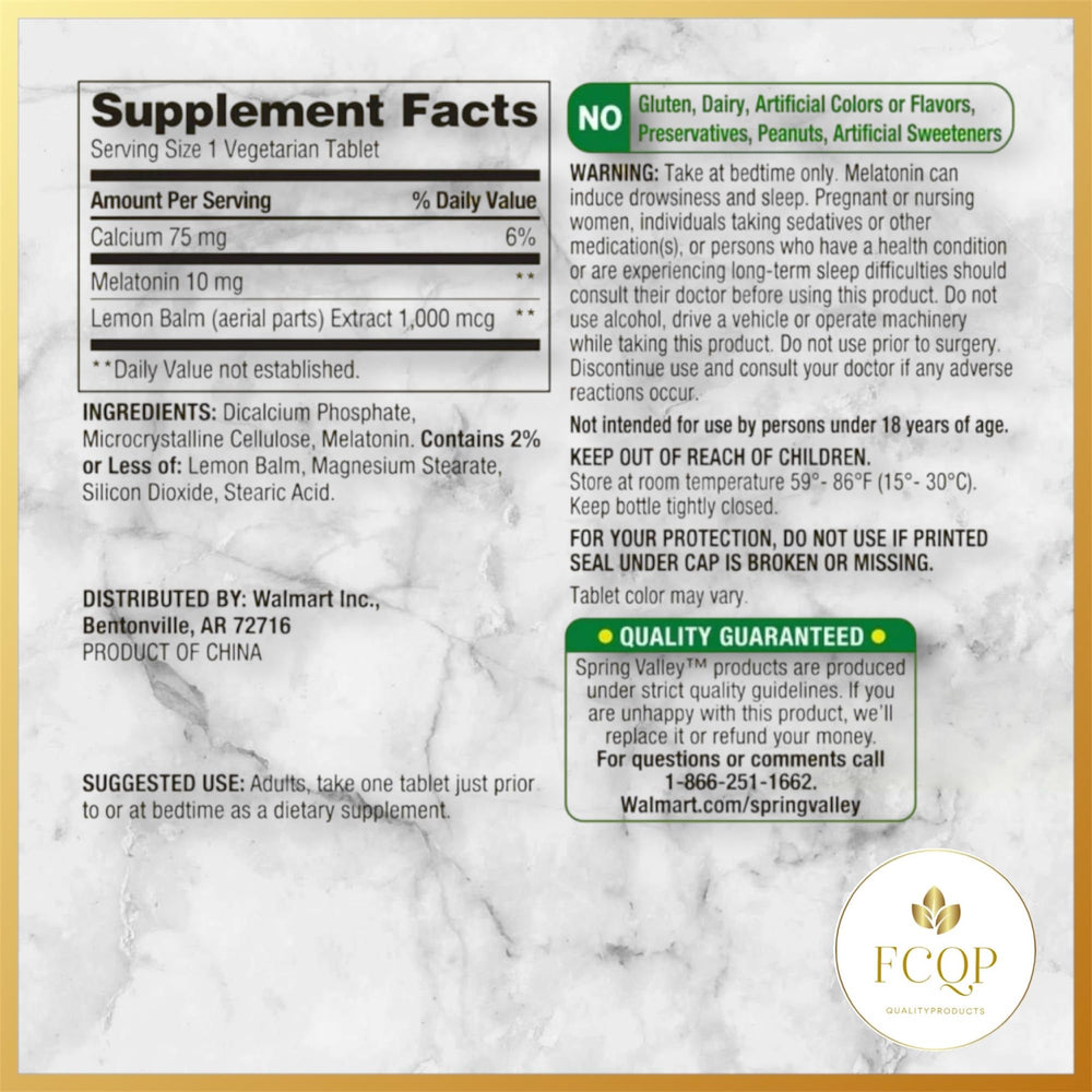 FCQP melatonin tablet closeup showing 10 mg dose