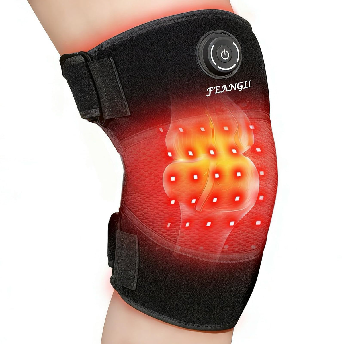 Feangli knee brace worn with red light therapy for targeted relief