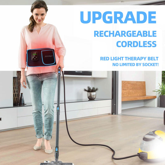 feangli red light therapy belt delivers dual wavelengths on the lower back.