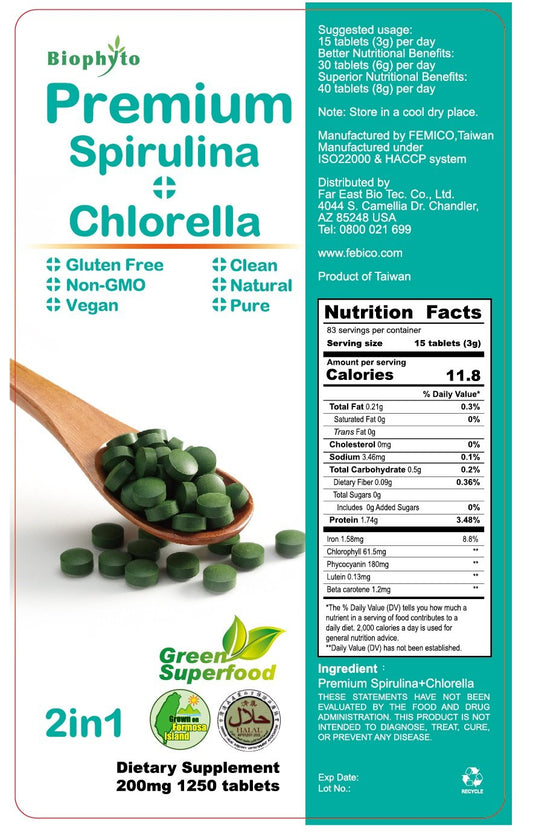FEBICO Biophyto-Chlorella Spirulina tablets closeup, compact vegan nutrition.
