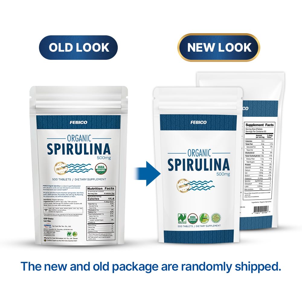 FEBICO spirulina tablets daily dose visual, 6 tabs for an 83-day supply.