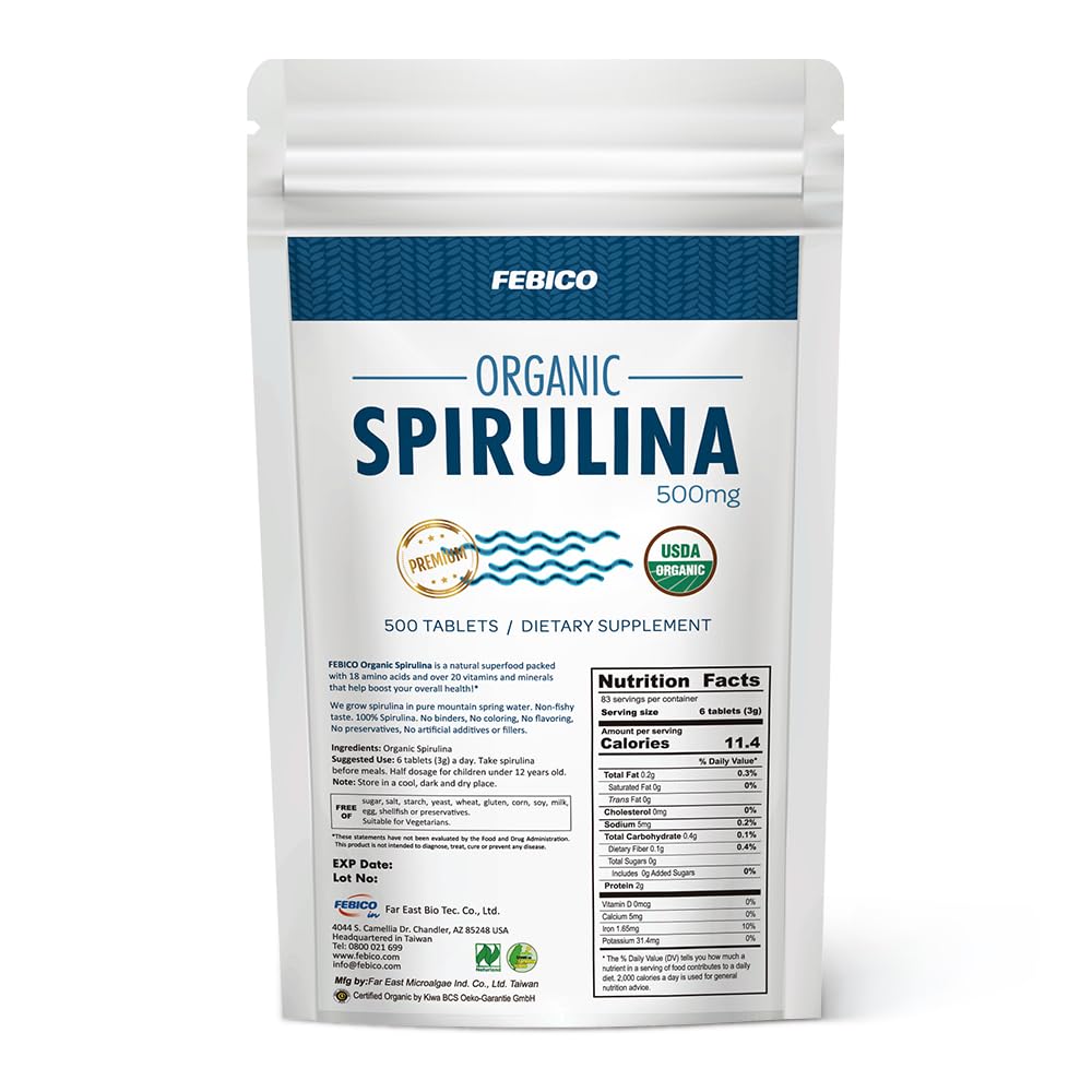 FEBICO Organic Spirulina tablets packaging, premium branding for daily wellness.