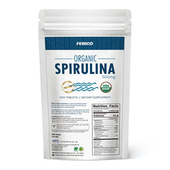 FEBICO Organic Spirulina tablets packaging, premium branding for daily wellness.