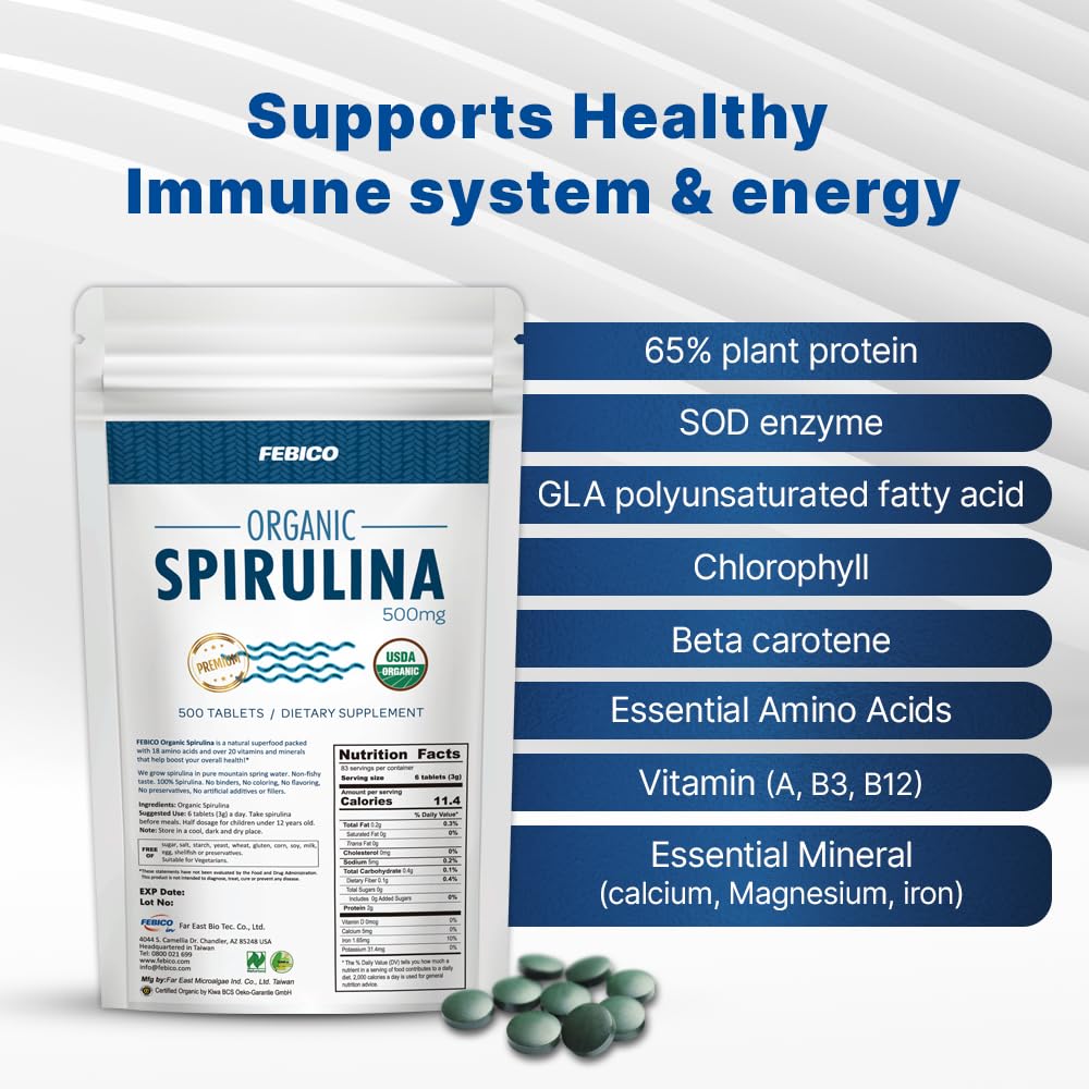 FEBICO spirulina bottle closeup showing small tablets for easy ingestion.