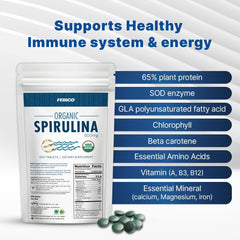 FEBICO spirulina bottle closeup showing small tablets for easy ingestion.