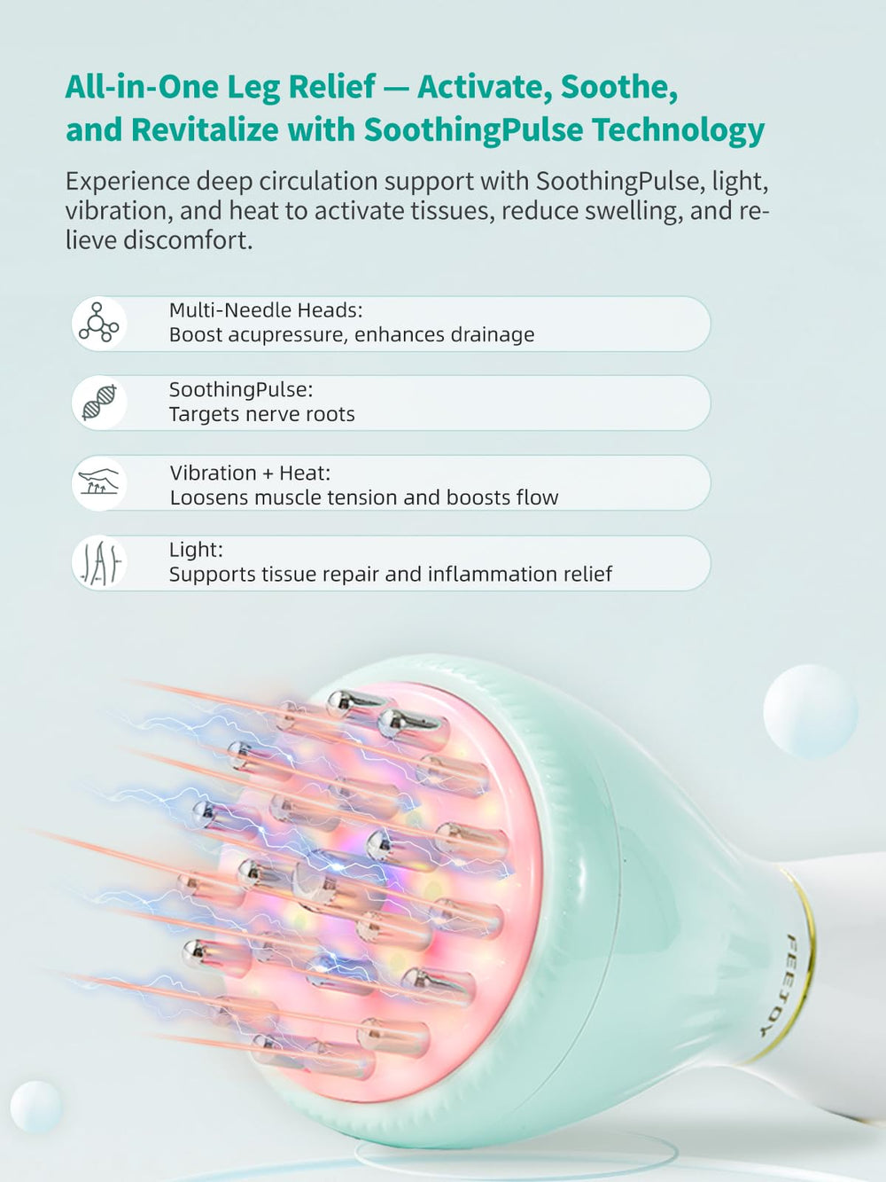 FEEJOY Leg Massager heat function provides warming relief to calves and feet.