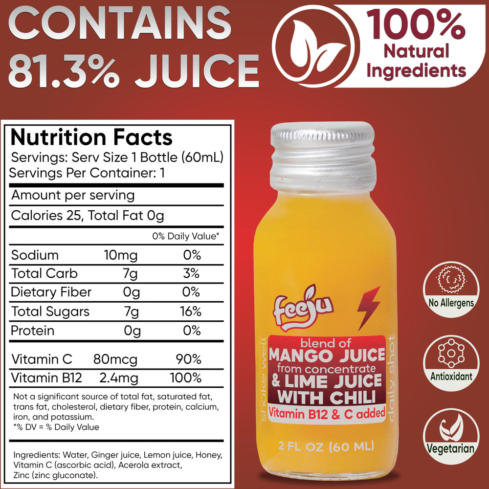 Feeju Mango Nectar Blend label close-up showcases natural fruit flavors for a flavorful pick-me-up.