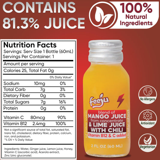 Feeju Mango Nectar Blend label close-up showcases natural fruit flavors for a flavorful pick-me-up.