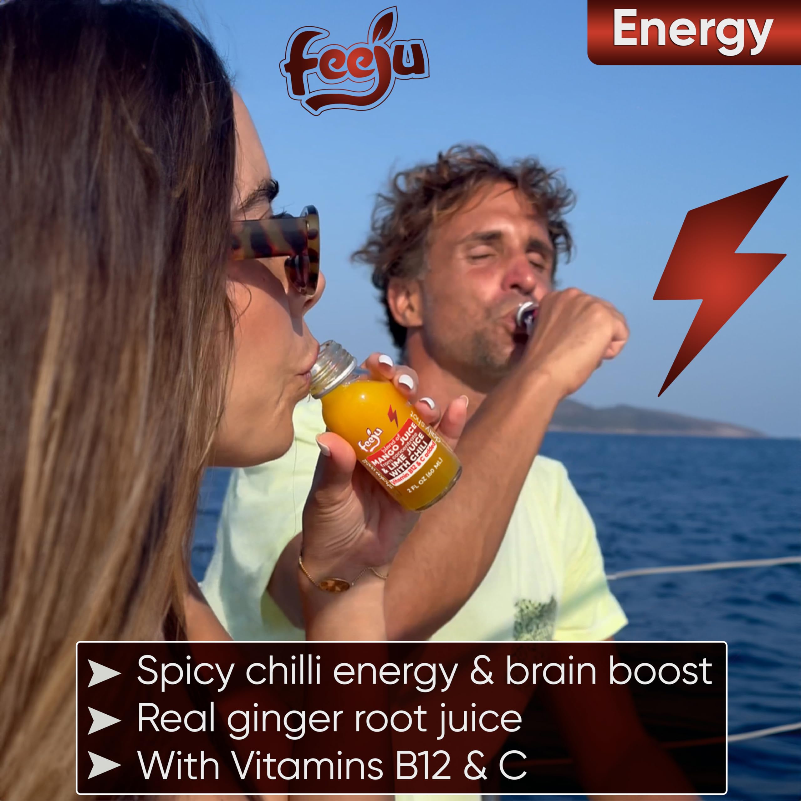 Feeju Mango Nectar Blend ginger and chili splash close-up suggests warmth.
