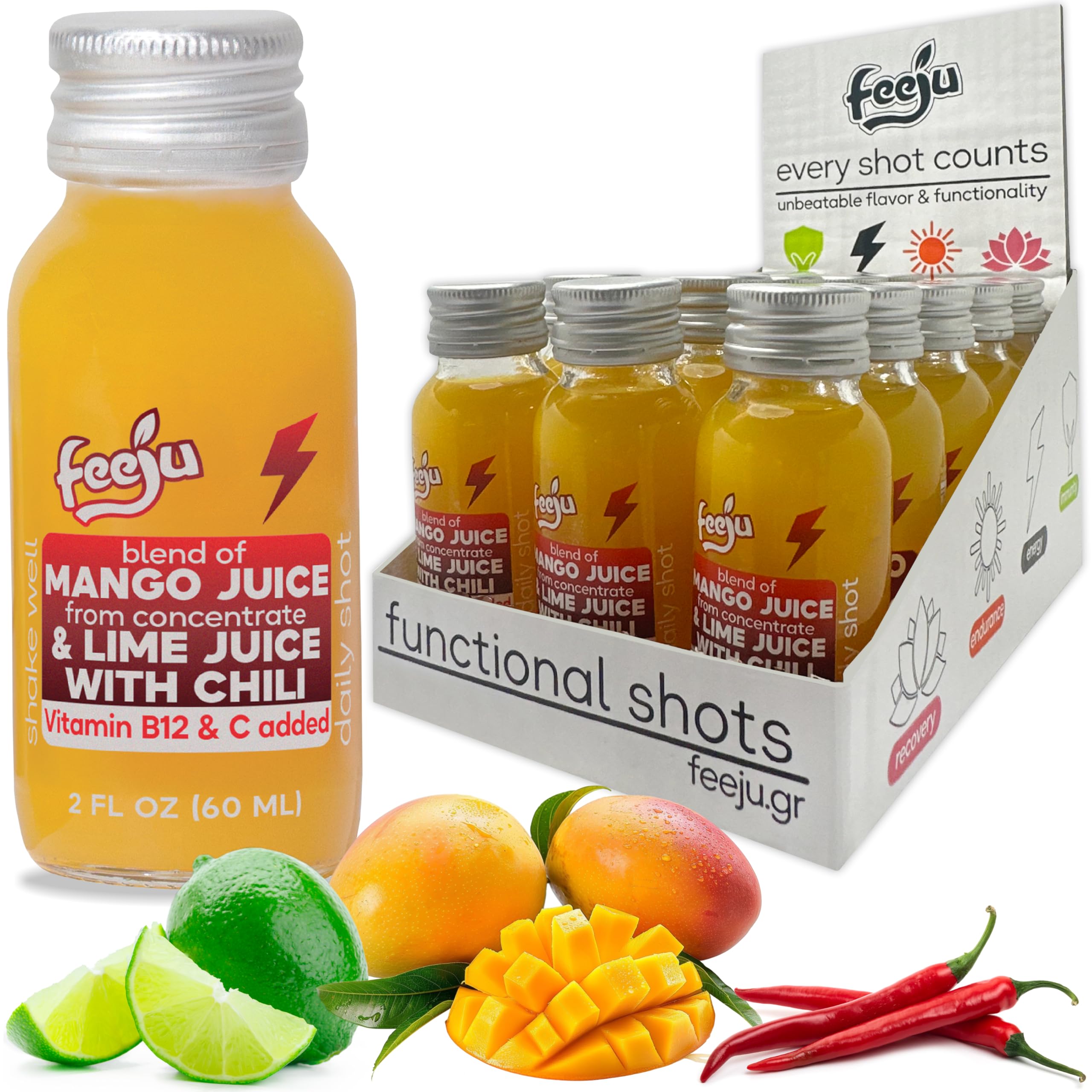 Feeju Mango Nectar Blend pour into glass reveals bright color and tropical aroma.