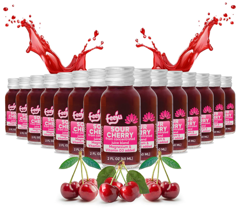 Feeju sour cherry shot bottle being poured for a refreshing post-workout boost.
