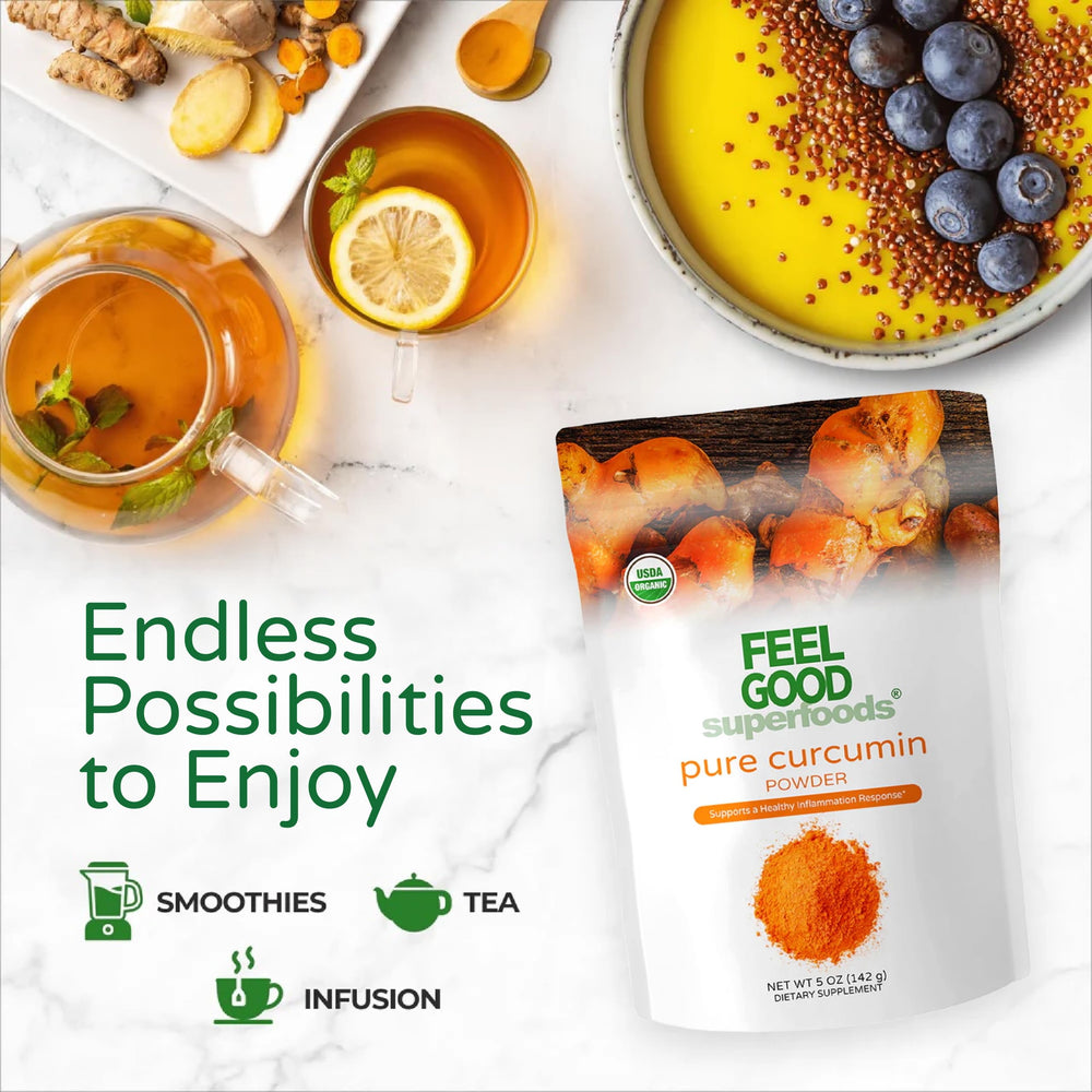 Feel Good Curcumin Powder in smoothie demonstrates easy daily use.