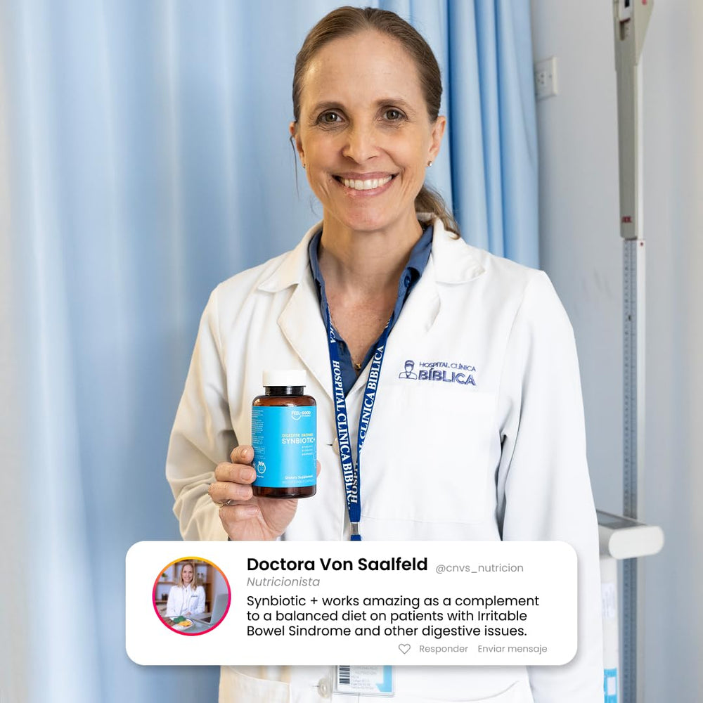 Feel Good Pharma Digestive Enzymes 4-in-1 acid-resistant capsules reach the gut for effectiveness.