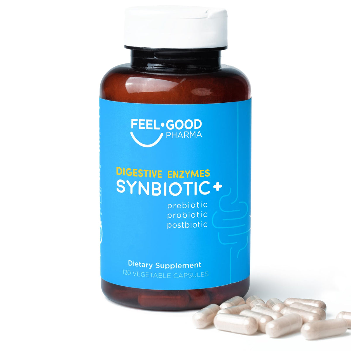 Feel Good Pharma Digestive Enzymes 4-in-1 bottle supports post-meal comfort and balanced digestion.