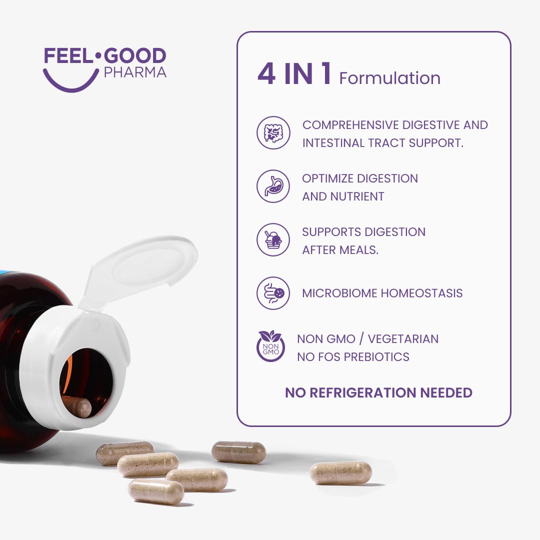 Feel Good Pharma Digestive Enzymes 4-in-1 capsules on a shelf ready for daily use.