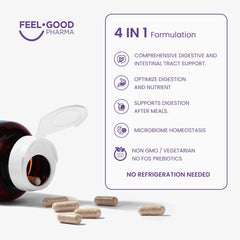Feel Good Pharma Digestive Enzymes 4-in-1 capsules on a shelf ready for daily use.
