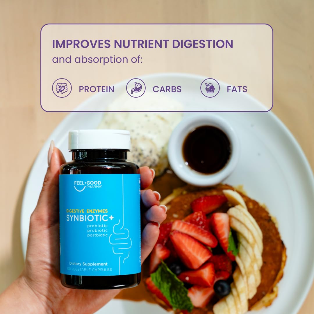 Feel Good Pharma Digestive Enzymes 4-in-1 ingredient panel lists enzymes, probiotics, prebiotics and postbiotics.