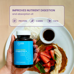 Feel Good Pharma Digestive Enzymes 4-in-1 ingredient panel lists enzymes, probiotics, prebiotics and postbiotics.