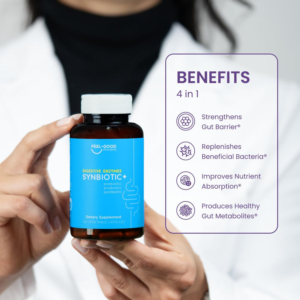 Feel Good Pharma Digestive Enzymes 4-in-1 label close-up highlights vegan, non-GMO ingredients.