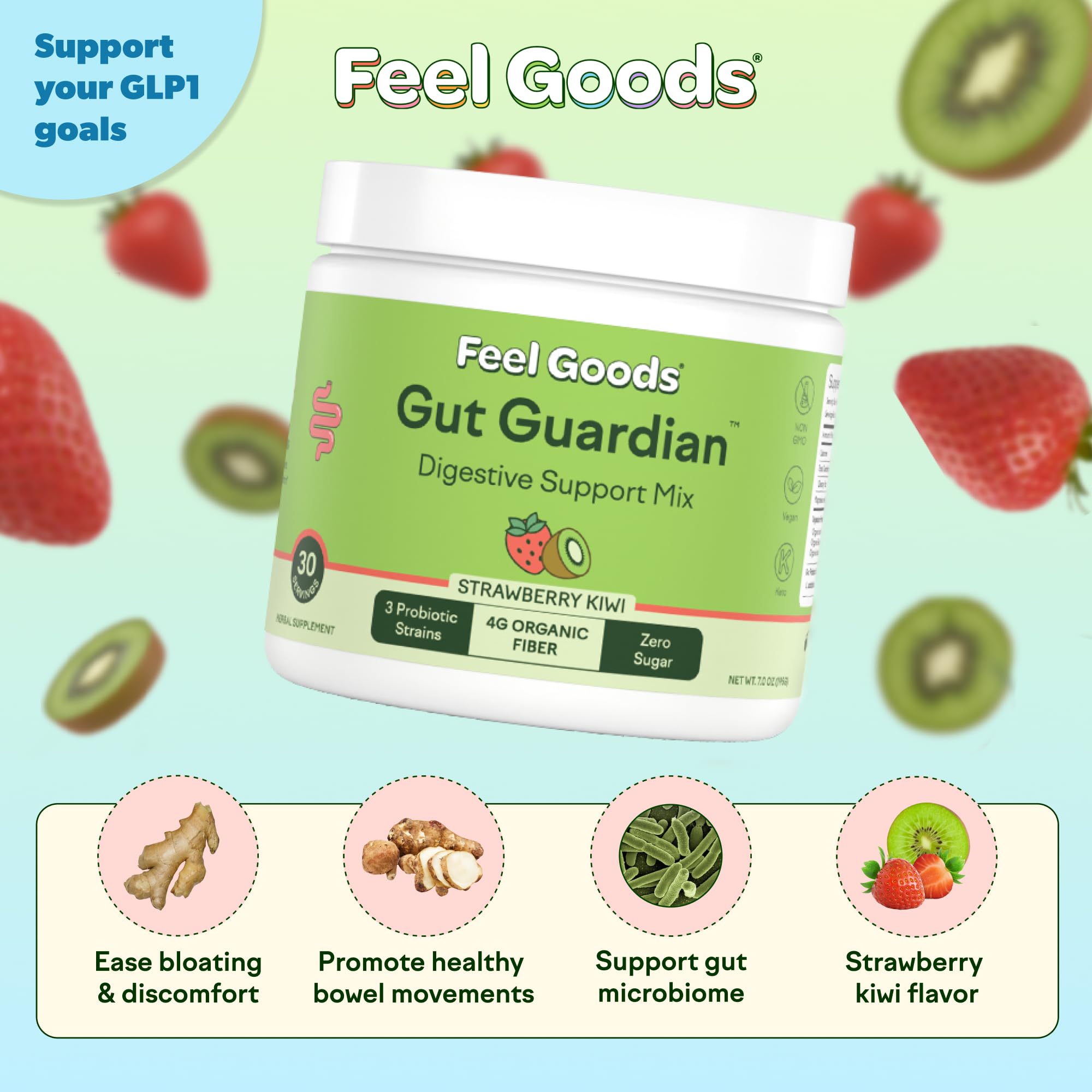 Gut Guardian powder dissolving in water to form a refreshing strawberry kiwi mix