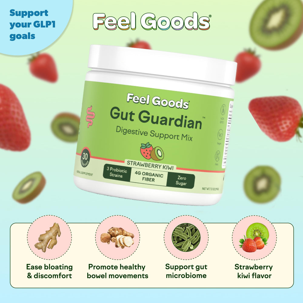 Gut Guardian powder dissolving in water to form a refreshing strawberry kiwi mix