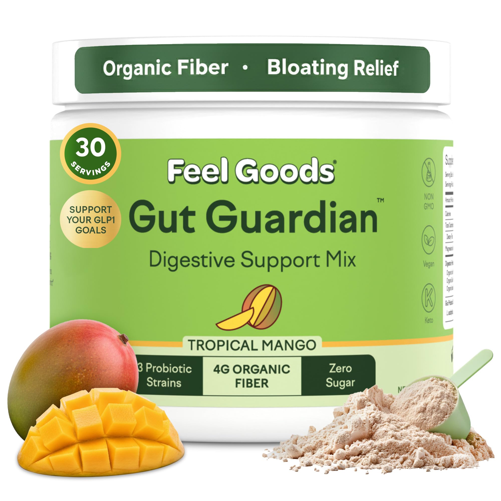 Feel Goods Gut Guardian tropical mango powder dissolving in water for gentle digestion.