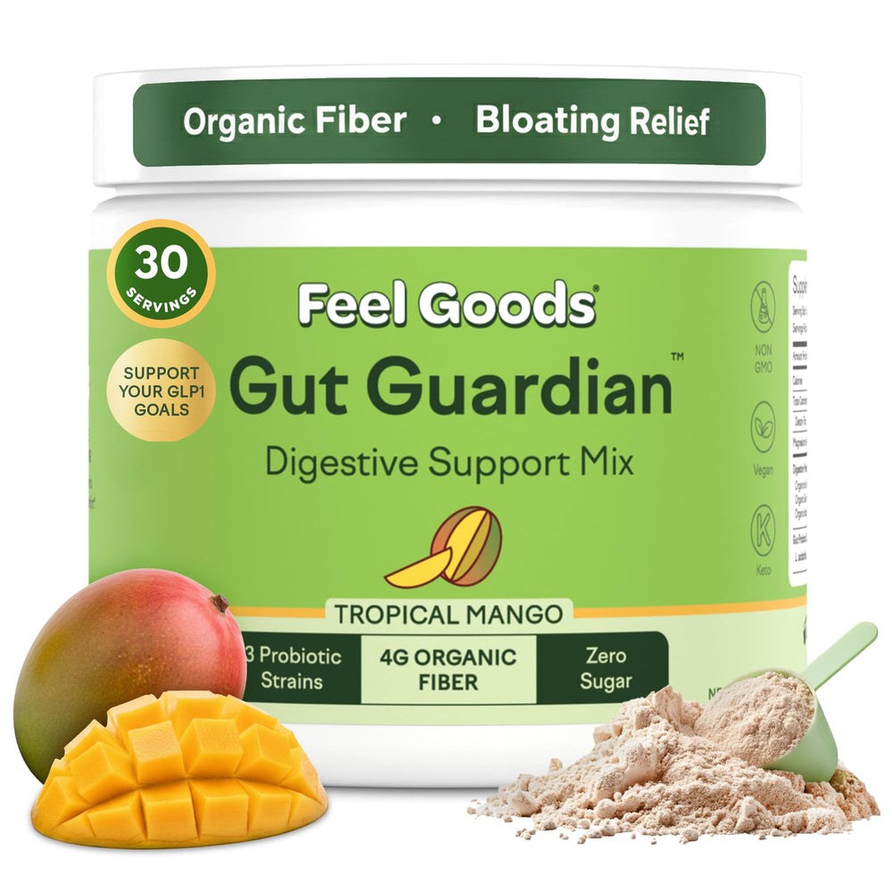 Feel Goods Gut Guardian tropical mango powder dissolving in water for gentle digestion.
