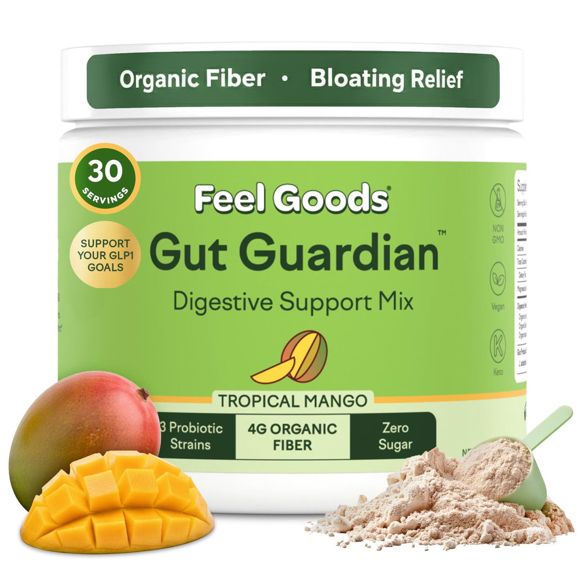 Feel Goods Gut Guardian tropical mango powder dissolving in water for gentle digestion.