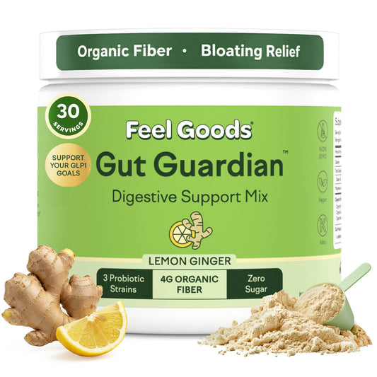 Feel Goods Gut Guardian tub label showing lemon-ginger powder for daily digestive support