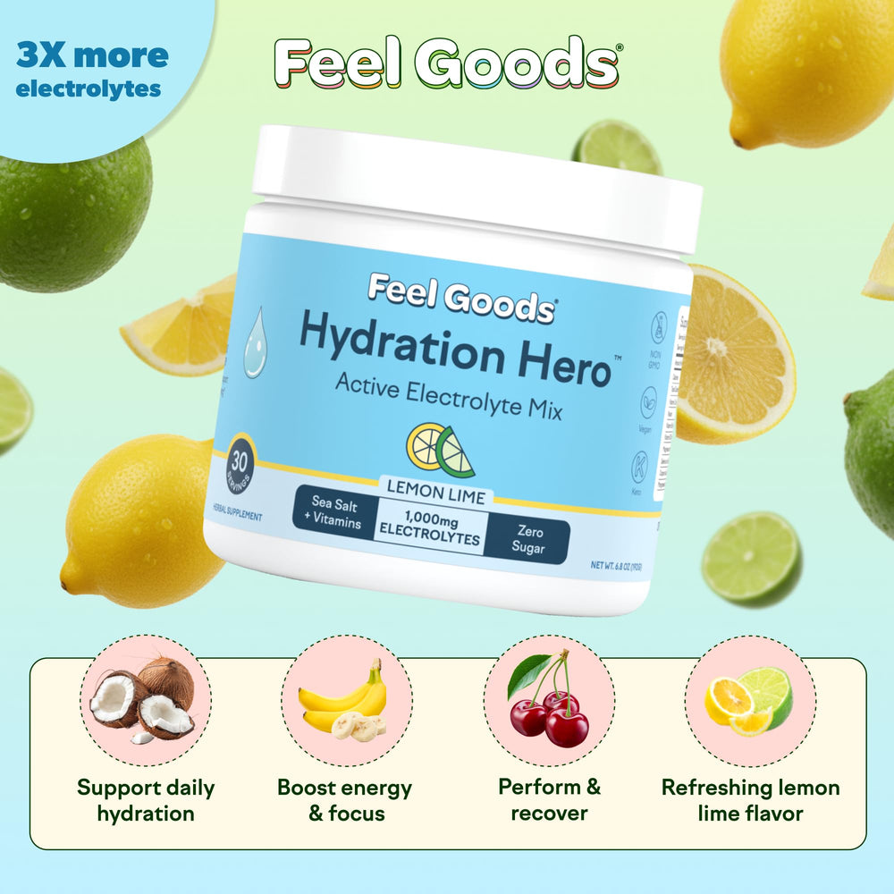 Dissolving Feel Goods Hydration Hero powder in water for quick hydration.
