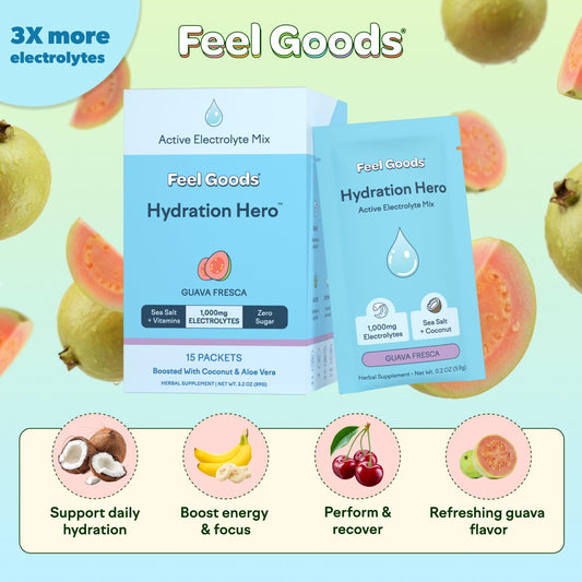 Feel Goods Hydration Hero electrolyte powder pack dissolving in water.
