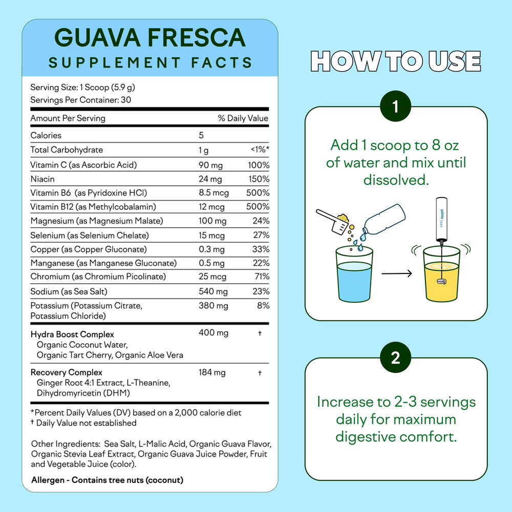 Feel Goods Hydration Hero Guava Fresca label shows vegan, keto-friendly formula.