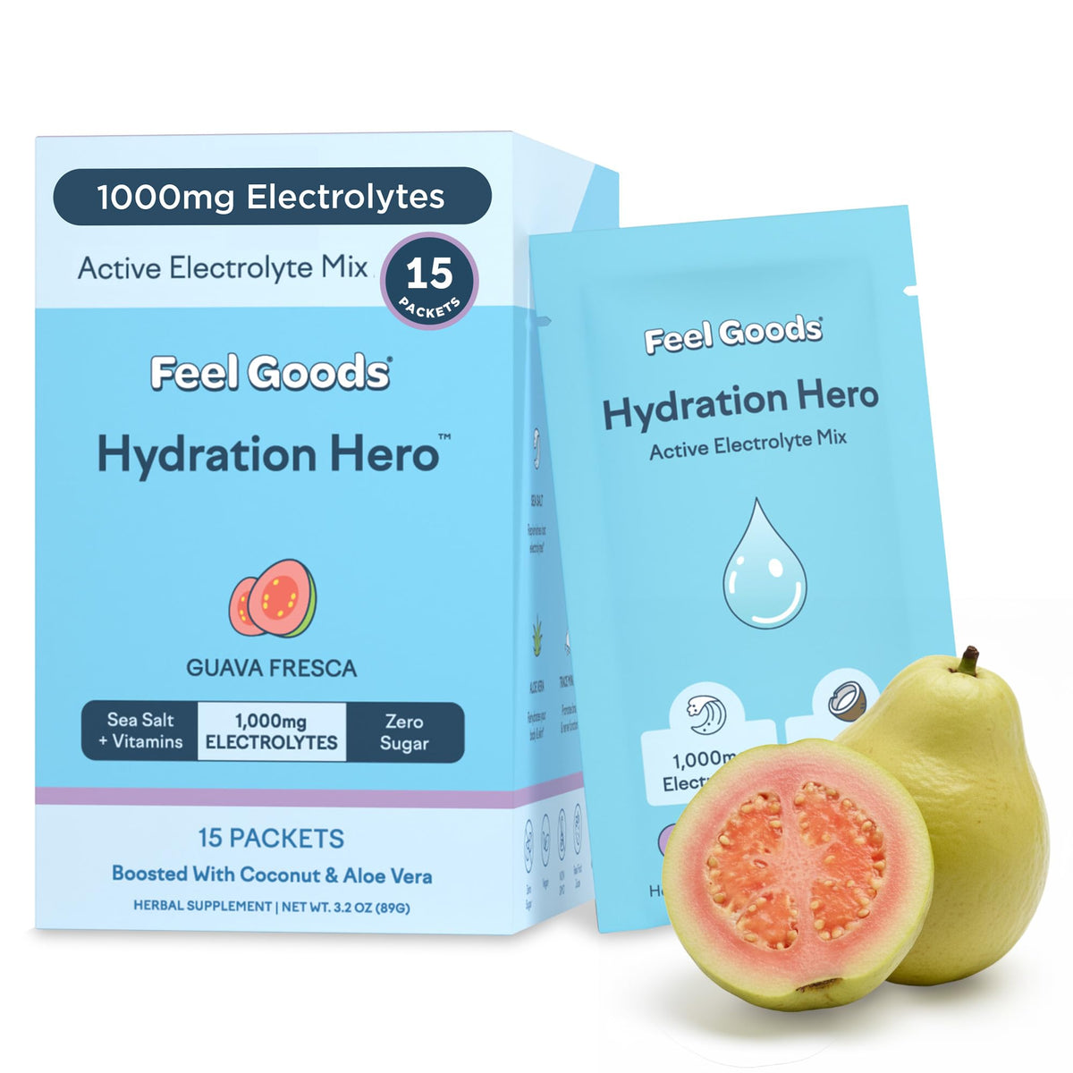 Feel Goods Hydration Hero Guava Fresca packets for on-the-go hydration.
