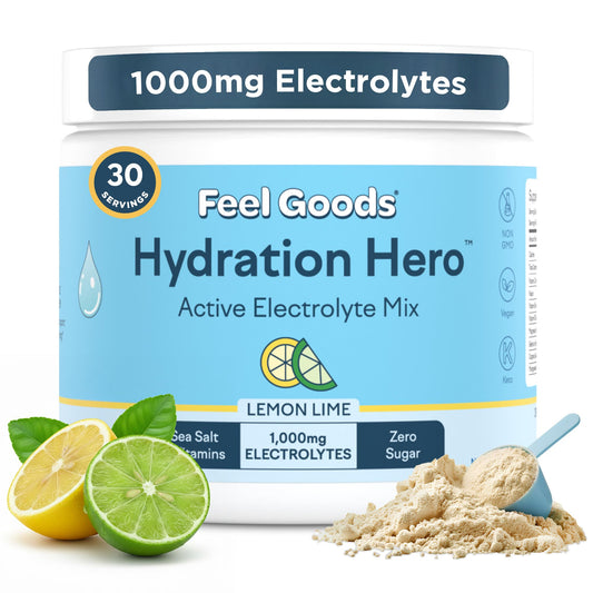 Feel Goods Hydration Hero lemon lime powder in a tub for daily hydration.