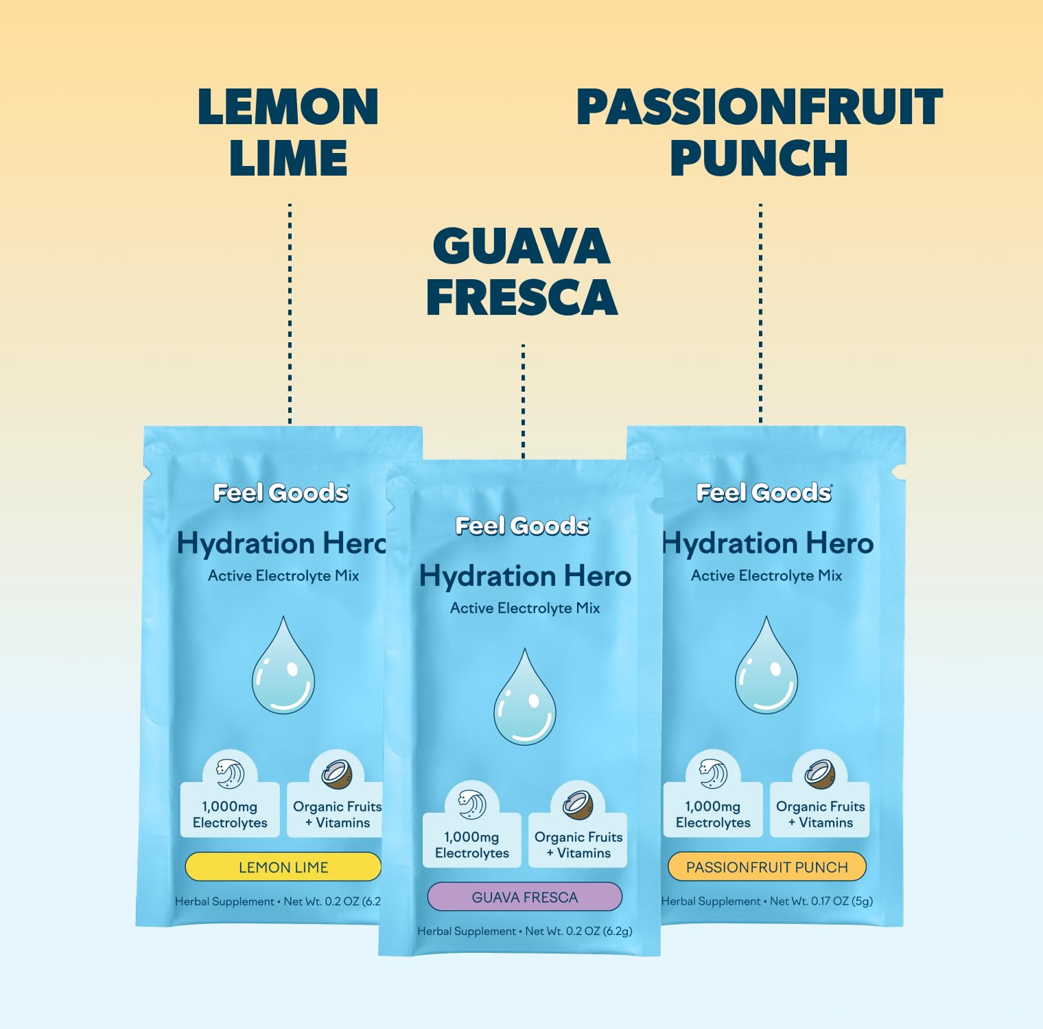 Feel Goods Hydration Hero packet in water glass showing quick on-the-go mix