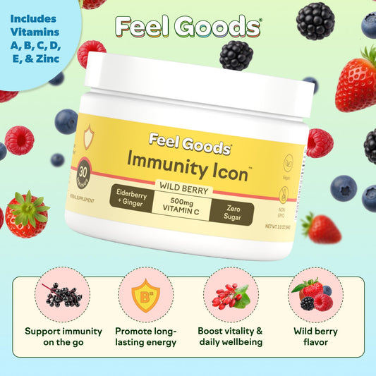 Feel Goods Immunity Icon package label highlights vitamin blend and clean formula.
