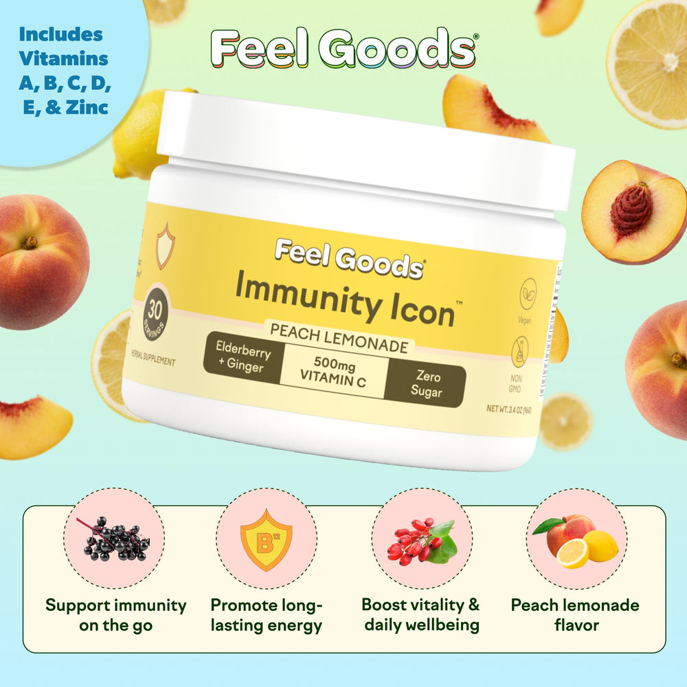 Feel Goods Immunity Icon stick packet dissolving in water to create a refreshing drink