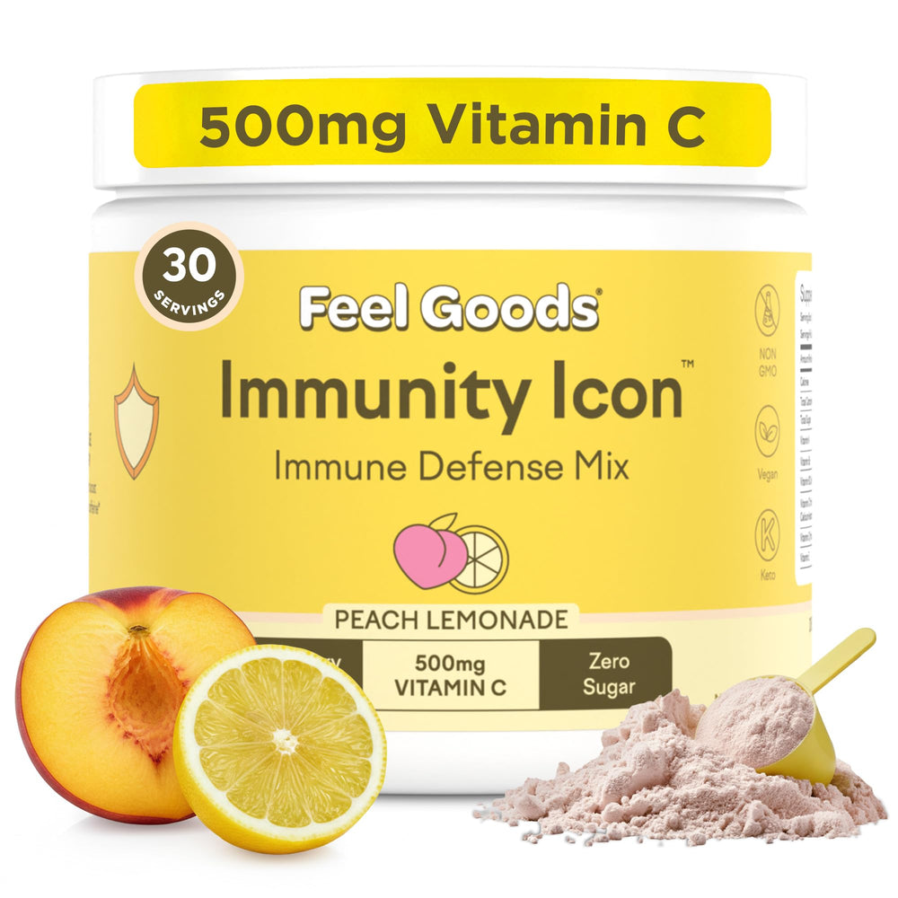Feel Goods Immunity Icon peach lemonade packets dissolving in water for refreshing immune support
